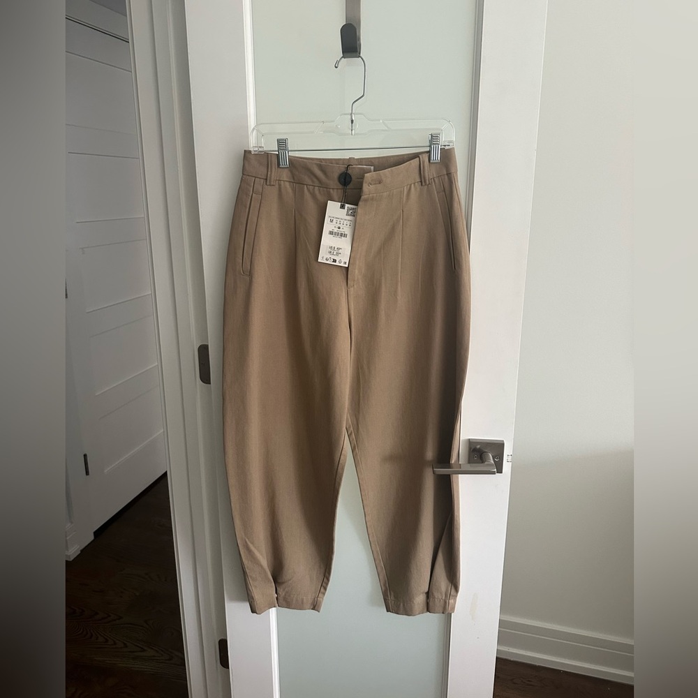Zara Beige Cropped Tapered Trousers